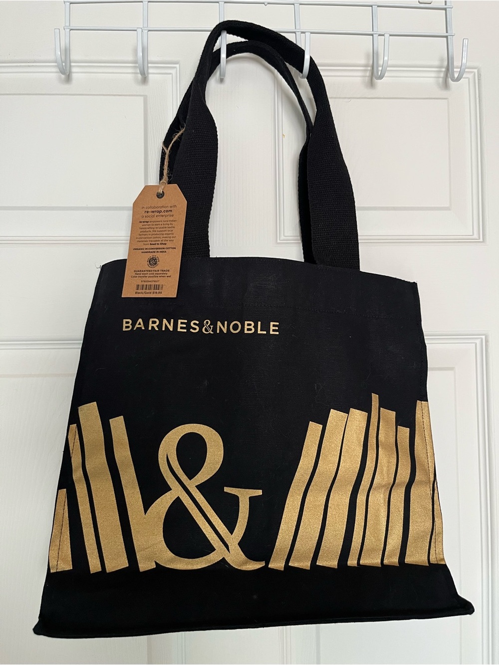 NWT Barnes & Noble Black Tote with Gold Book Design, 15”w x 14”h x 5”d